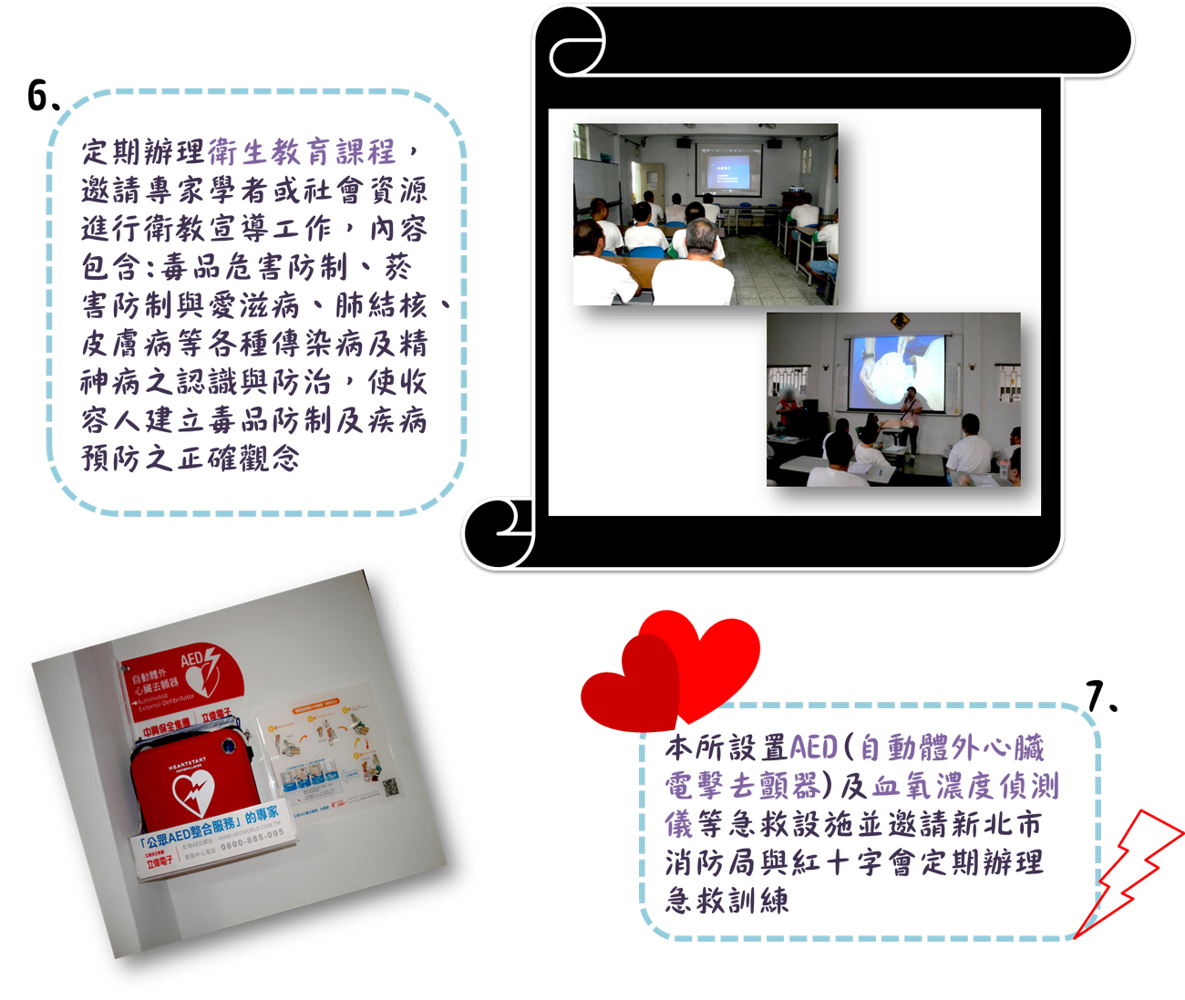 衛生保健說明-定期辦理衛生教育課程，本所設置AED及血氧濃度偵測儀並定期辦理急救訓練